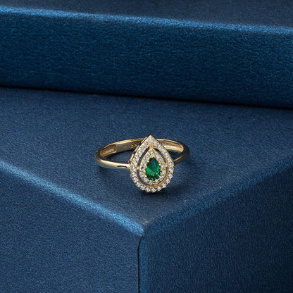 14K Yellow Gold Green Teardrop Cubic Zirconia Ring
