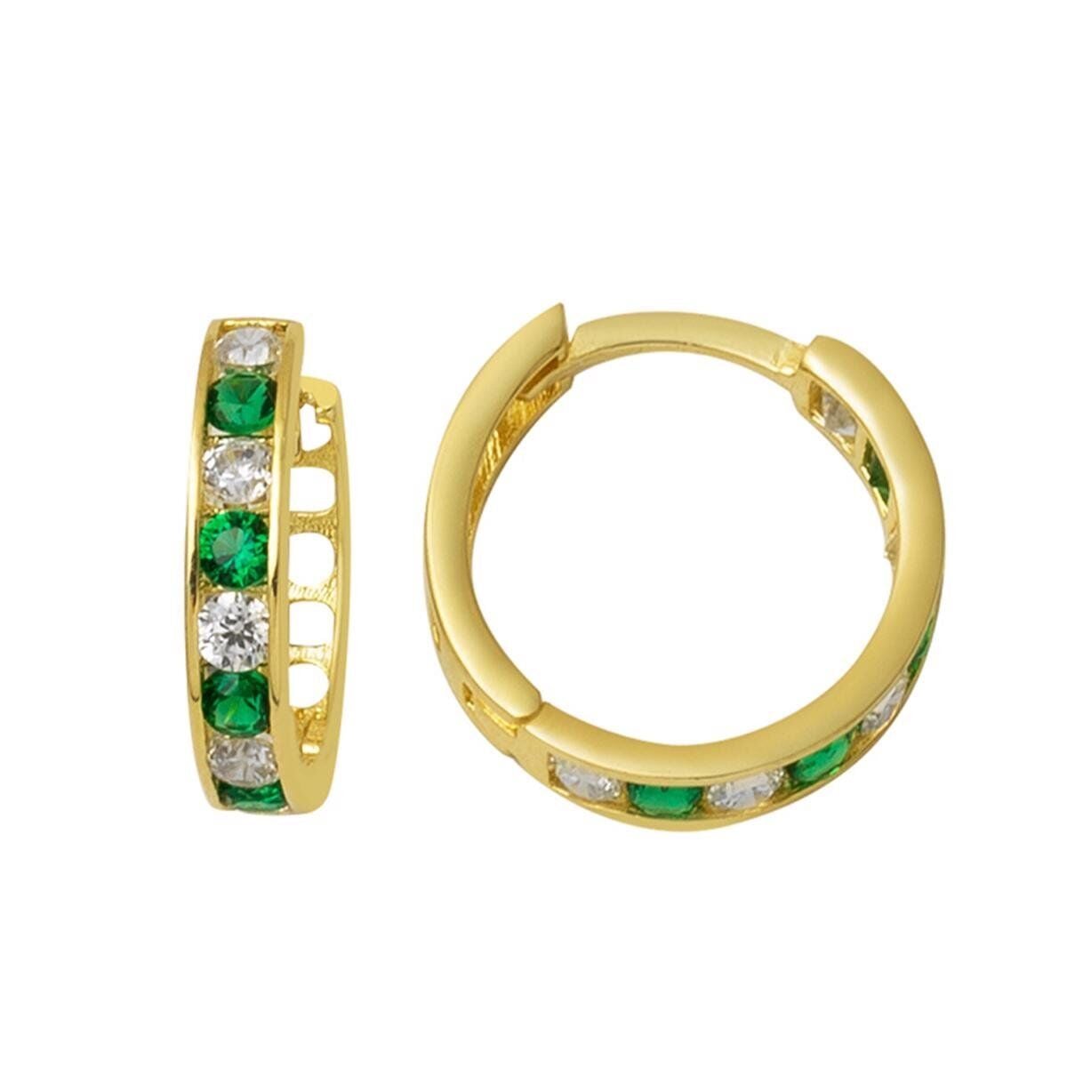 14K Yellow Gold Green Row Cubic Zirconia Teen Earrings