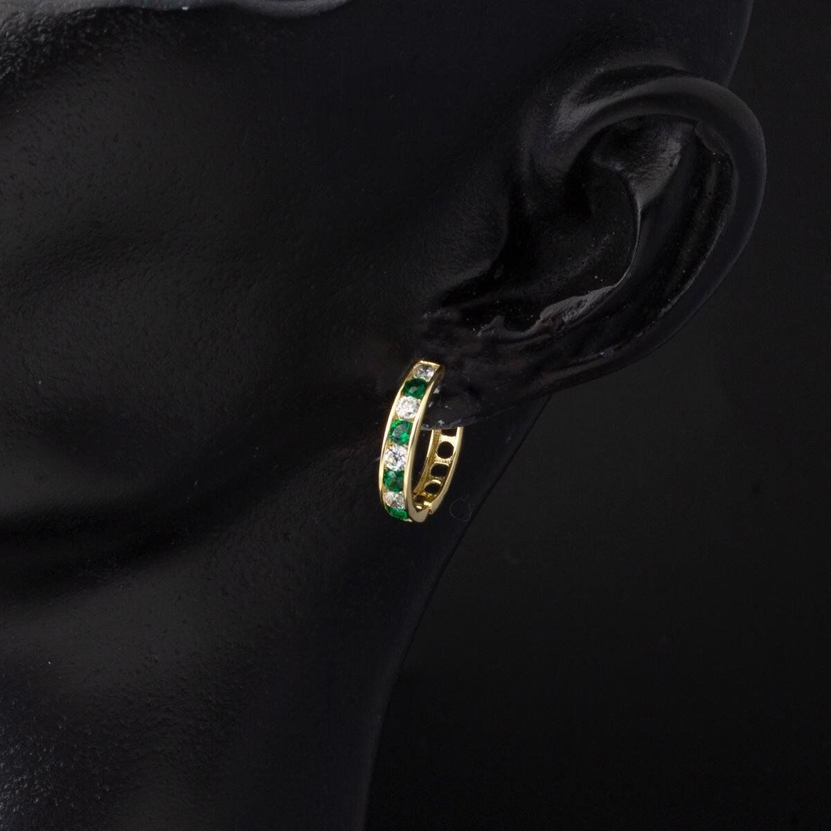 14K Yellow Gold Green Row Cubic Zirconia Teen Earrings