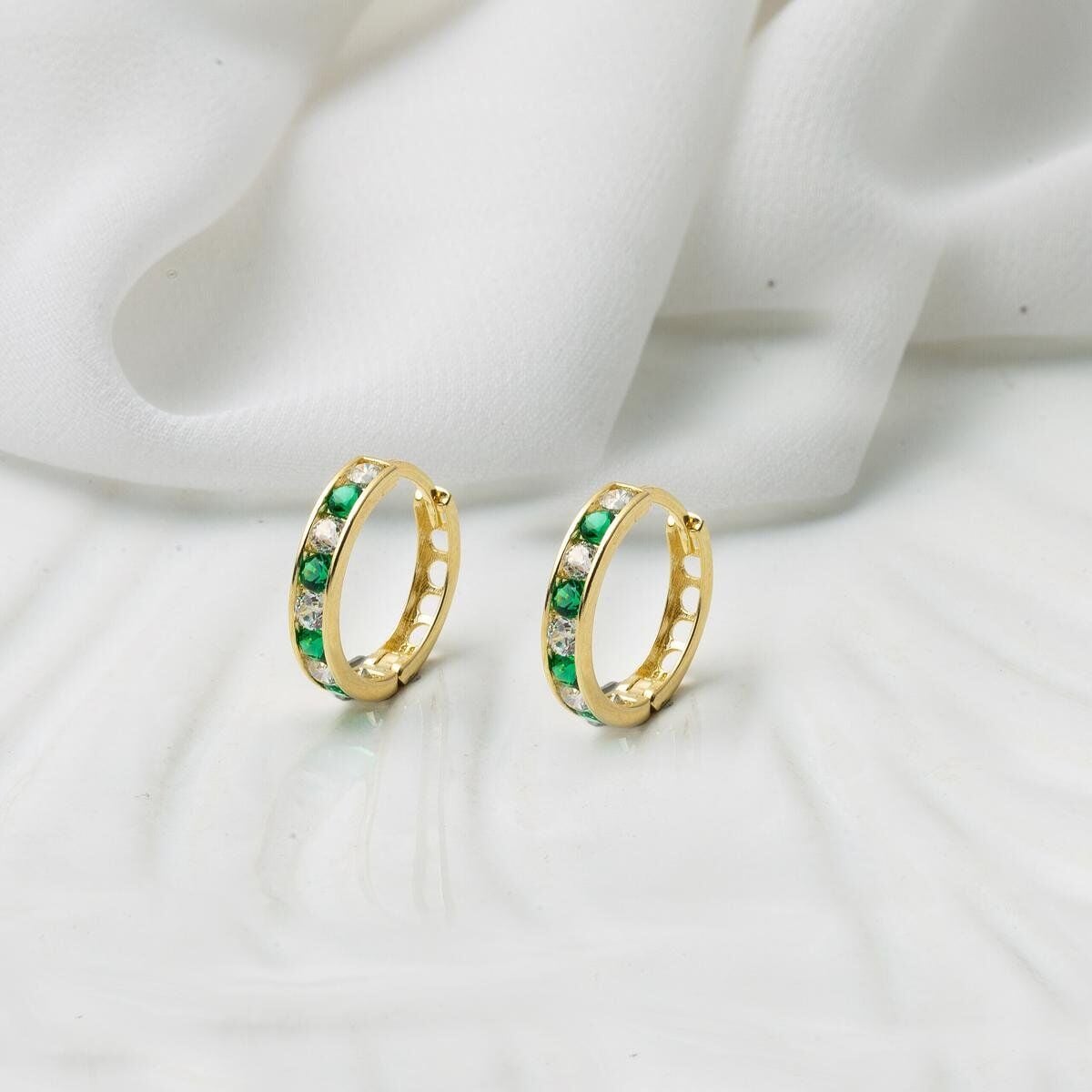 14K Yellow Gold Green Row Cubic Zirconia Teen Earrings