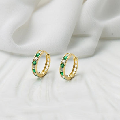 14K Yellow Gold Green Row Cubic Zirconia Teen Earrings