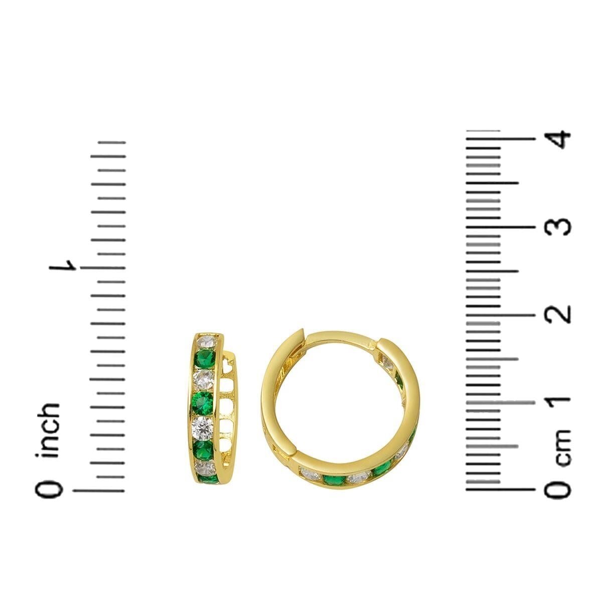 14K Yellow Gold Green Row Cubic Zirconia Teen Earrings