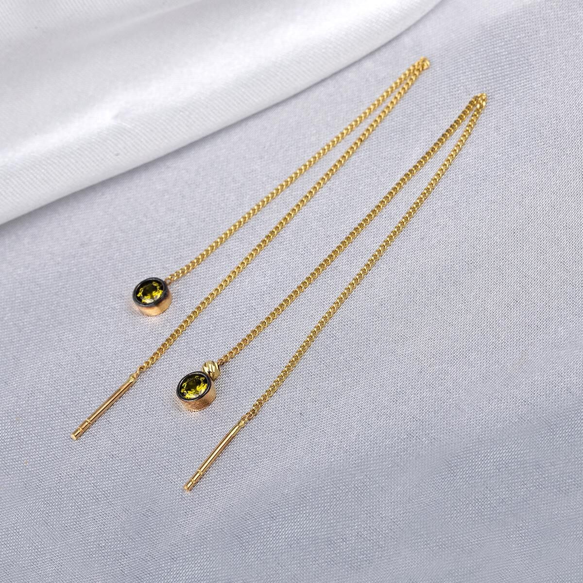 14K Yellow Gold Green Cubic Zirconia Chain Earrings