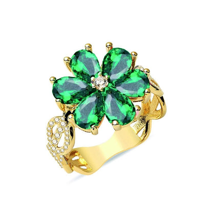 14K Yellow Gold Green Flower Cubic Zirconia Ring