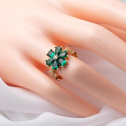 14K Yellow Gold Green Flower Cubic Zirconia Ring