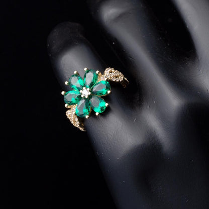 14K Yellow Gold Green Flower Cubic Zirconia Ring