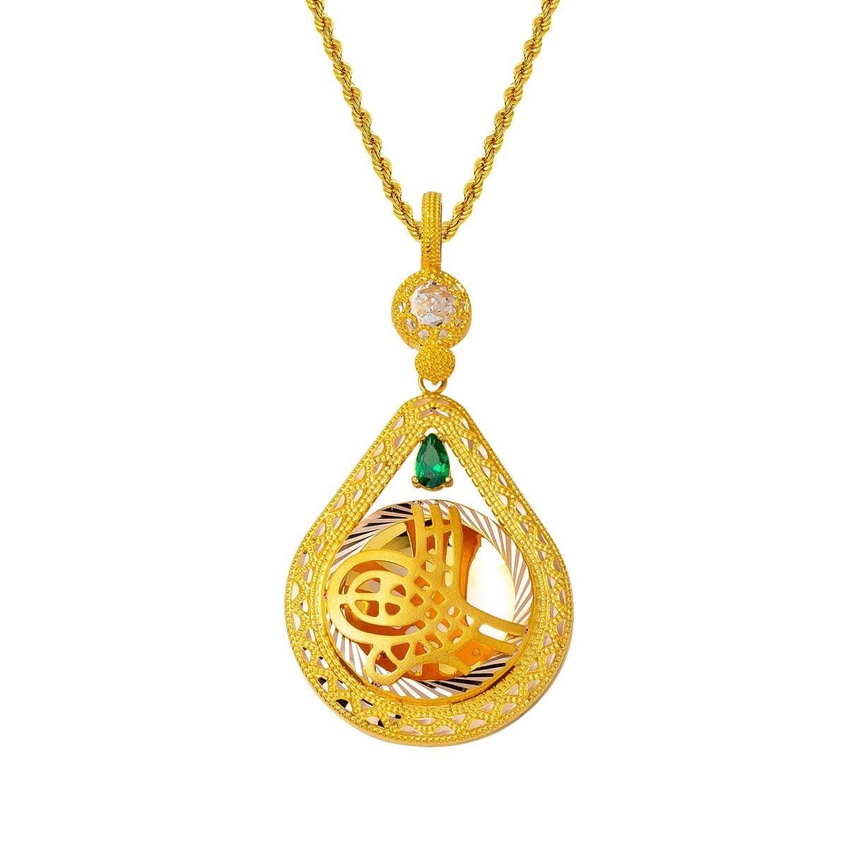 14K Yellow Gold Green Teardrop Ottoman Tughra Cubic Zirconia Necklace (8.6 g)