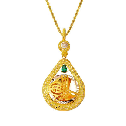 14K Yellow Gold Green Teardrop Ottoman Tughra Cubic Zirconia Necklace (8.6 g)