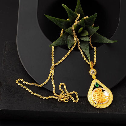 14K Yellow Gold Green Teardrop Ottoman Tughra Cubic Zirconia Necklace (8.6 g)