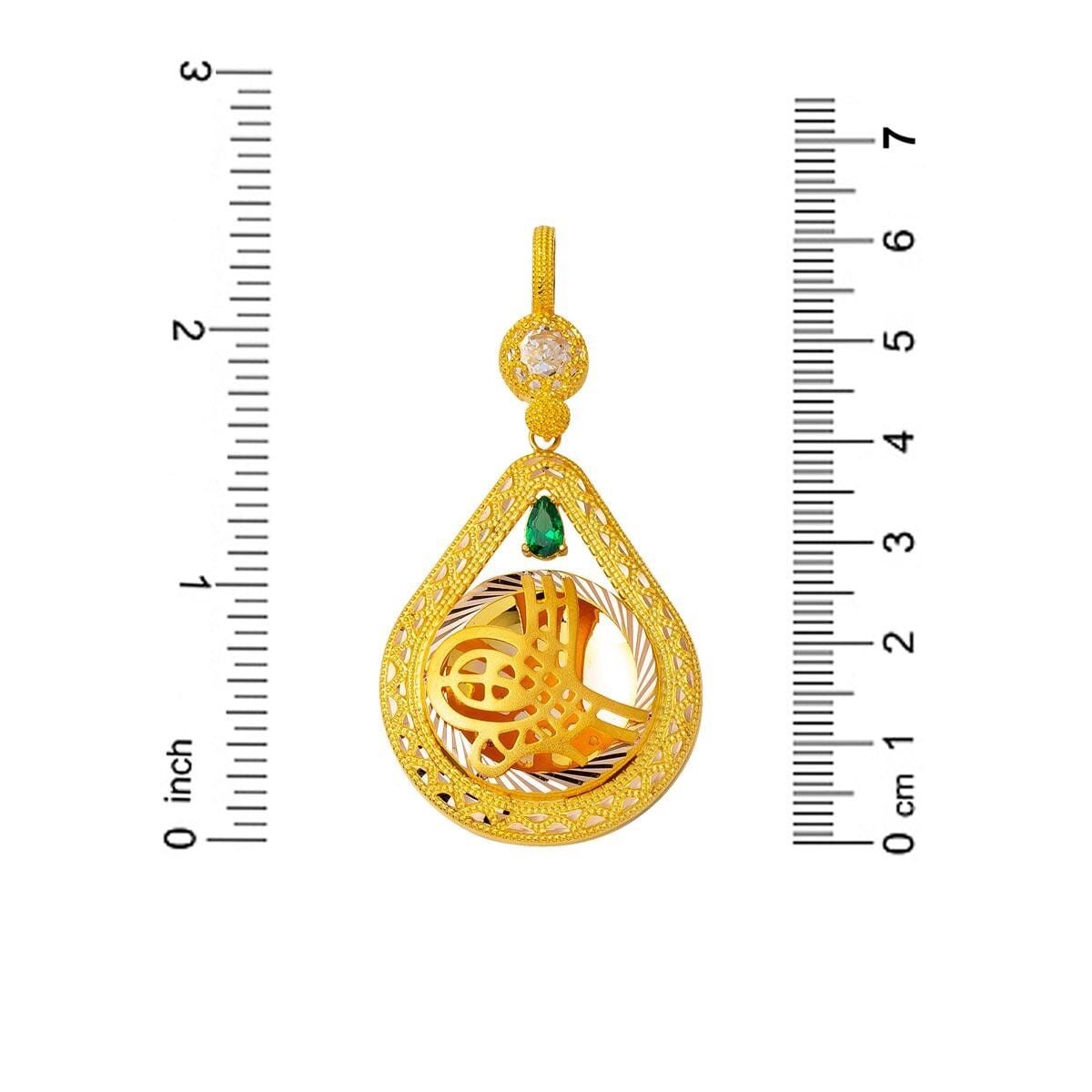 14K Yellow Gold Green Teardrop Ottoman Tughra Cubic Zirconia Necklace (8.6 g)