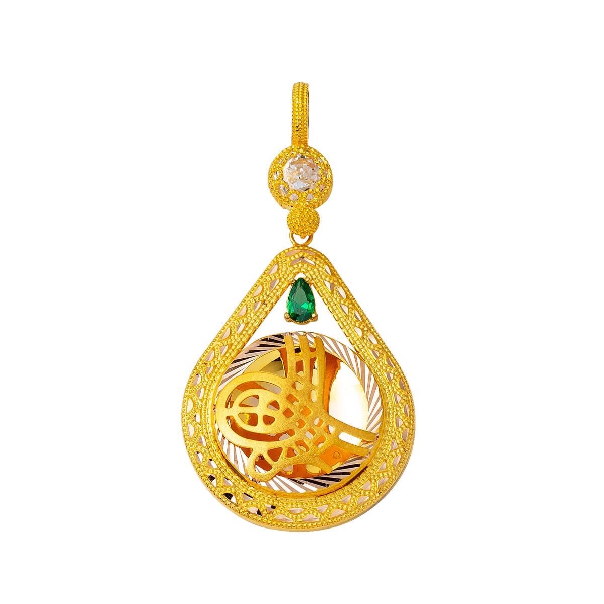 14K Yellow Gold Green Cubic Zirconia Teardrop Ottoman Tughra Pendant (5.89 g)