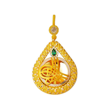 14K Yellow Gold Green Cubic Zirconia Teardrop Ottoman Tughra Pendant