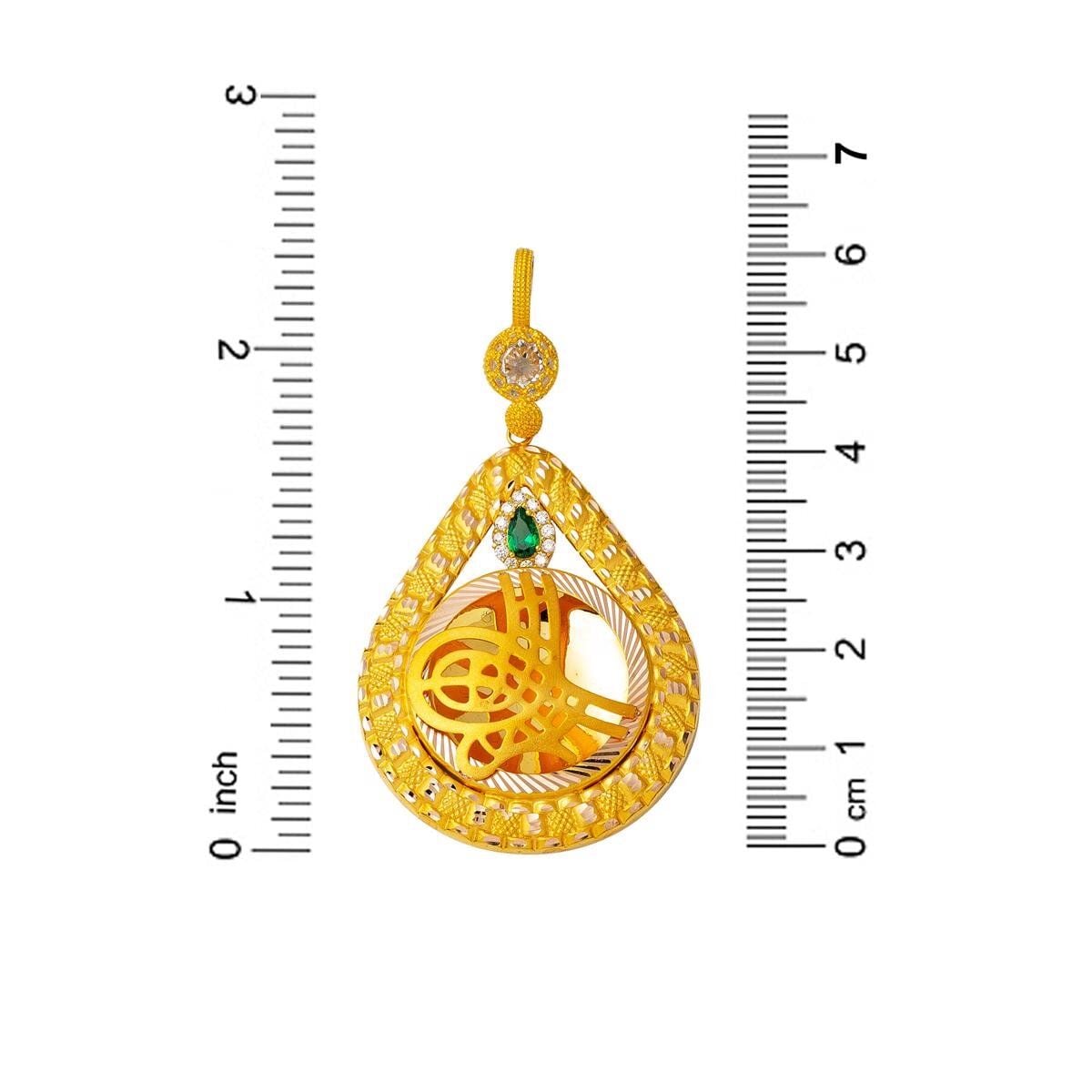 14K Yellow Gold Green Cubic Zirconia Teardrop Ottoman Tughra Pendant