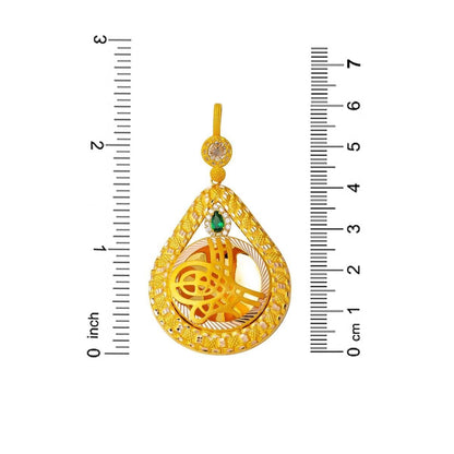 14K Yellow Gold Green Cubic Zirconia Teardrop Ottoman Tughra Pendant