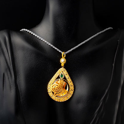 14K Yellow Gold Green Cubic Zirconia Teardrop Ottoman Tughra Pendant