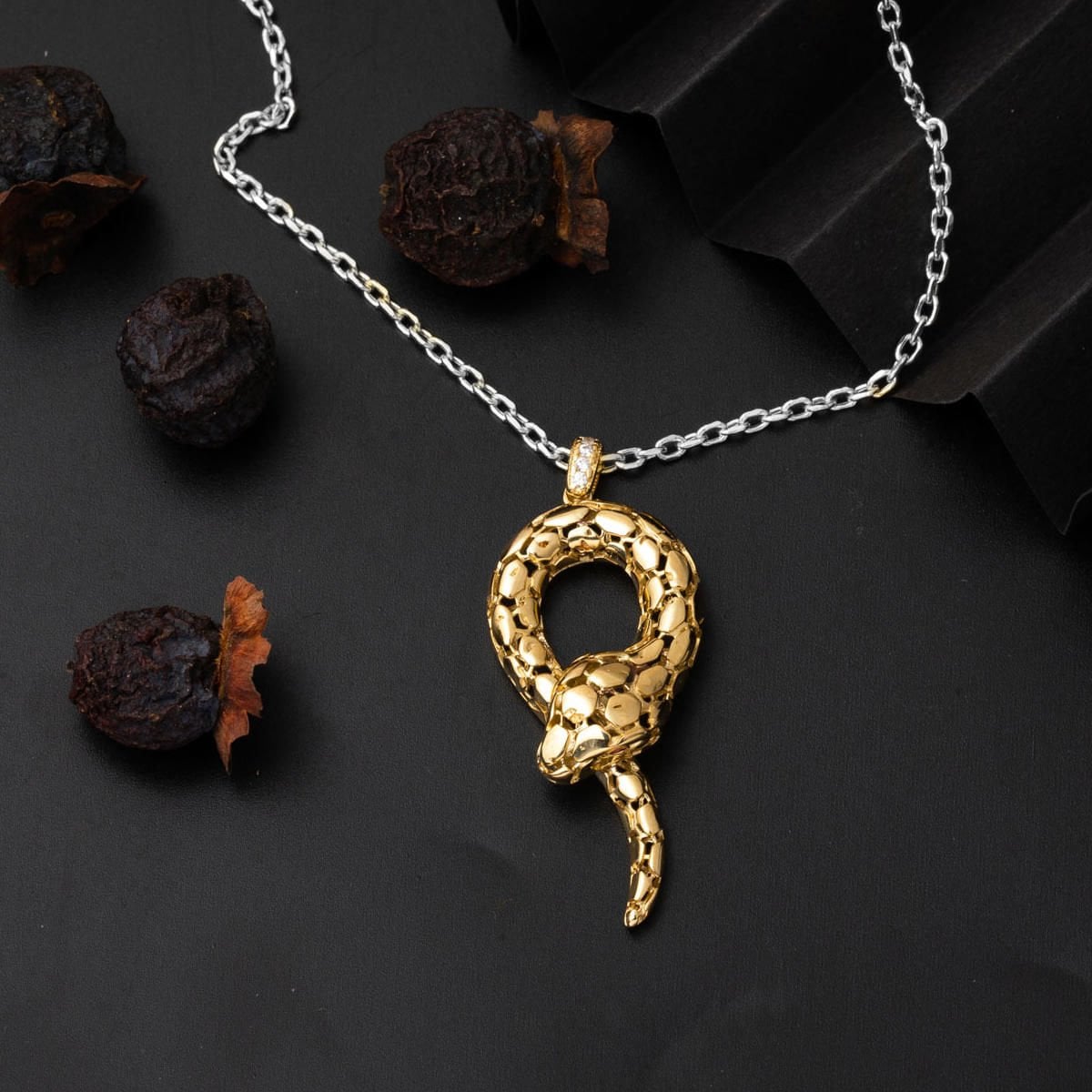 14K Yellow Gold Snake Design Cubic Zirconia Necklace Pendant