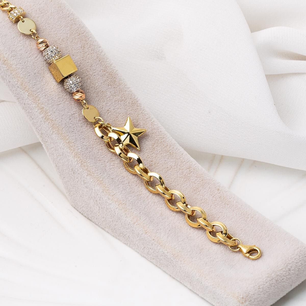 14K Yellow Gold Star Bead Cubic Zirconia Bracelet