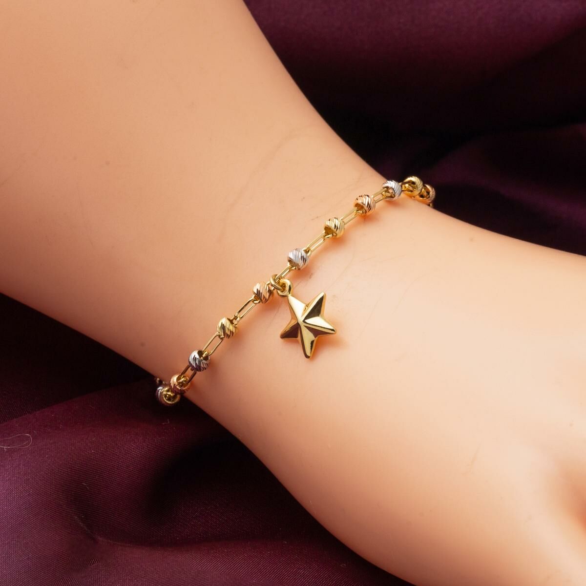 14K Yellow Gold Star Gold Bead Necklace Bracelet Jewelry Set