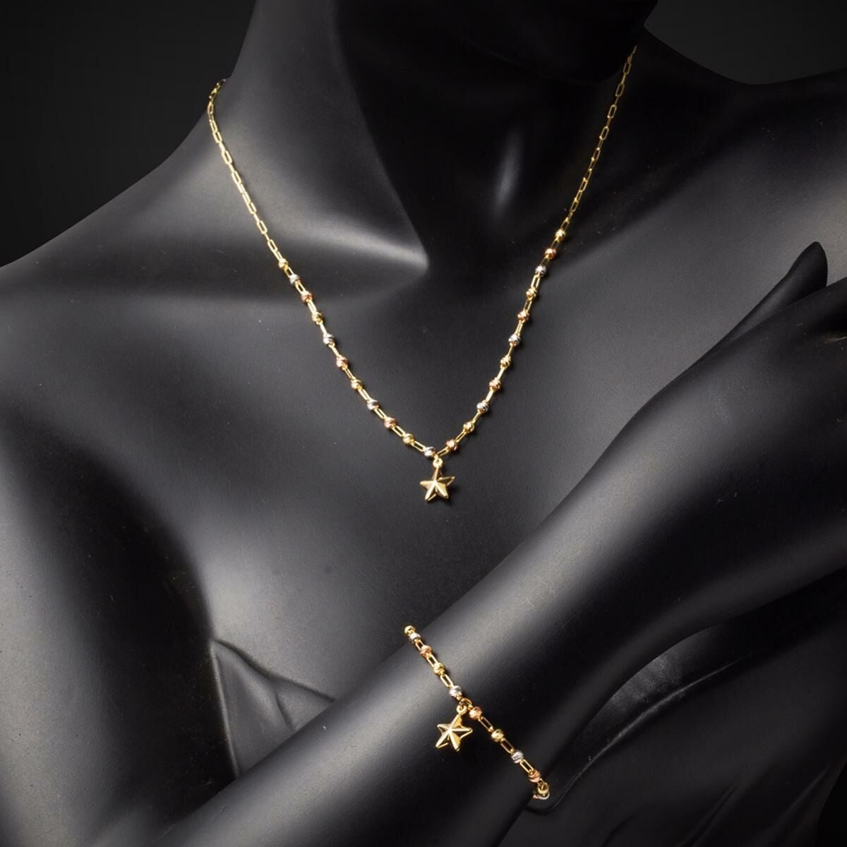 14K Yellow Gold Star Gold Bead Necklace Bracelet Jewelry Set