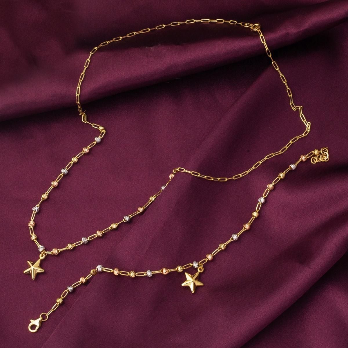 14K Yellow Gold Star Gold Bead Necklace Bracelet Jewelry Set