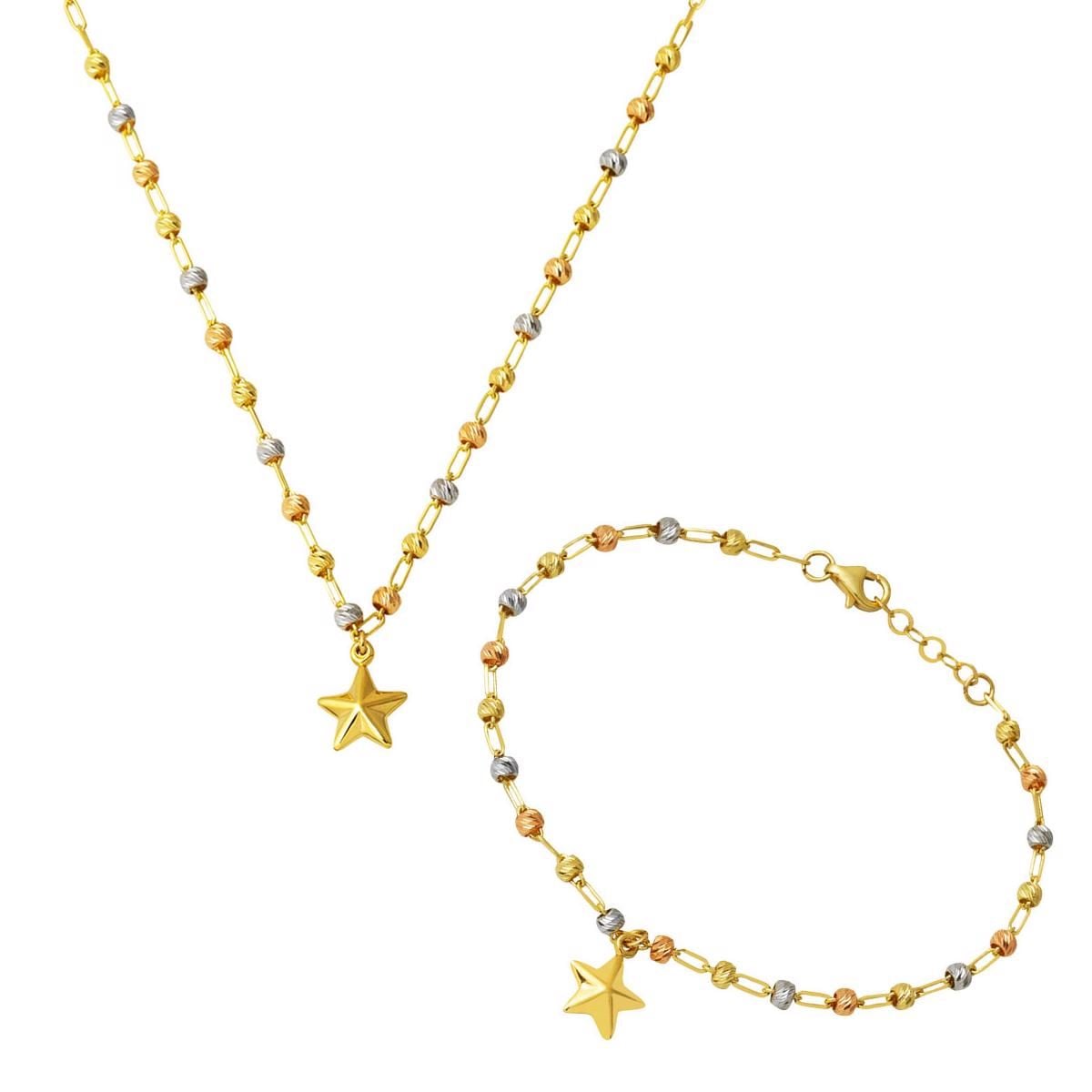 14K Yellow Gold Star Gold Bead Necklace Bracelet Jewelry Set