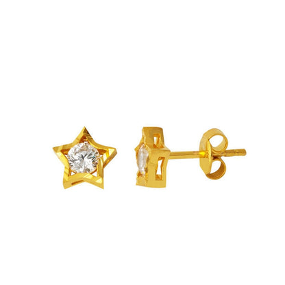 22K Yellow Gold Star Design Single Stone Cubic Zirconia Earrings