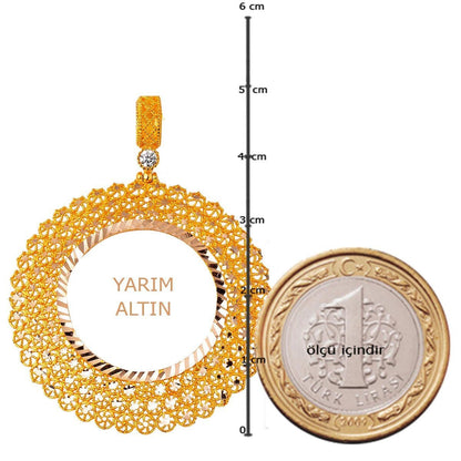 14K Yellow Gold Star Filigree Half Coin Frame Cubic Zirconia Necklace