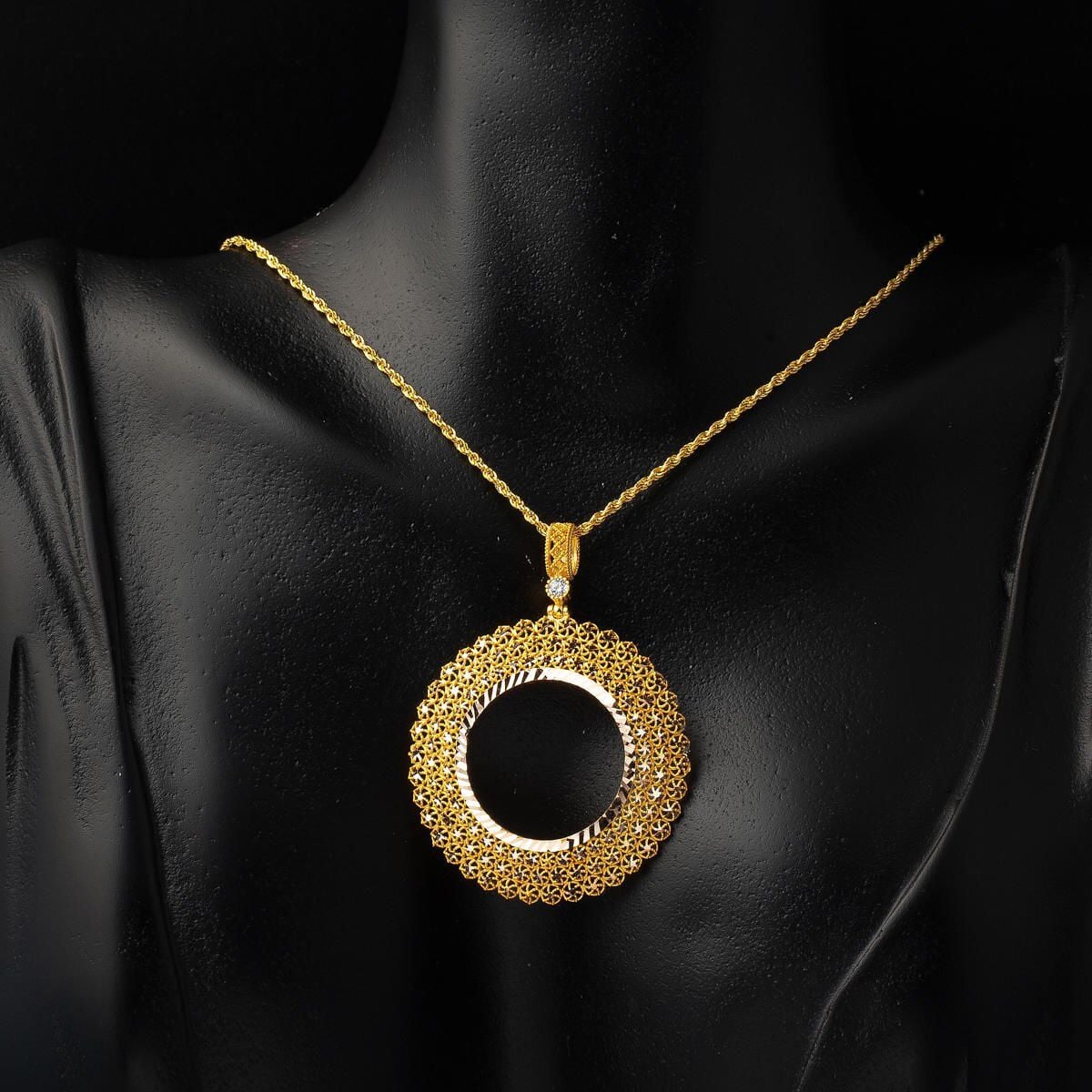 14K Yellow Gold Star Filigree Half Coin Frame Cubic Zirconia Necklace