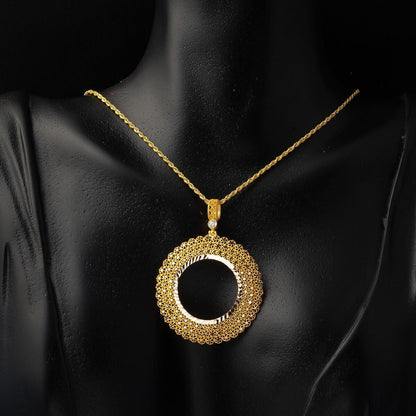 14K Yellow Gold Star Filigree Half Coin Frame Cubic Zirconia Necklace