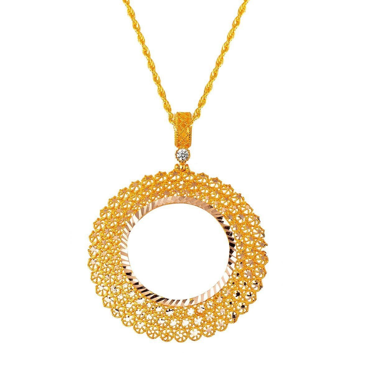 14K Yellow Gold Star Filigree Half Coin Frame Cubic Zirconia Necklace