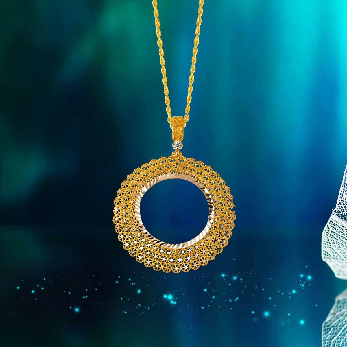14K Yellow Gold Star Filigree Half Coin Frame Cubic Zirconia Necklace