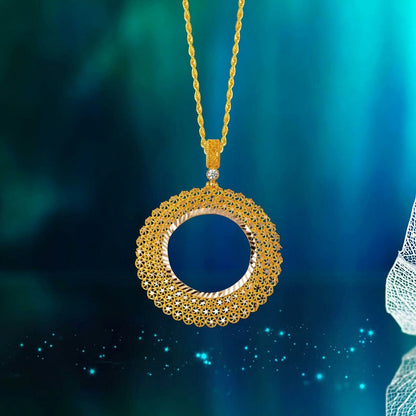 14K Yellow Gold Star Filigree Half Coin Frame Cubic Zirconia Necklace