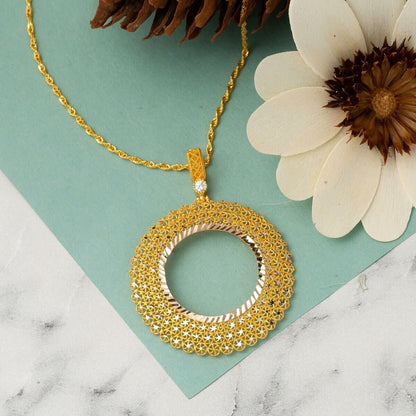 14K Yellow Gold Star Filigree Half Coin Frame Cubic Zirconia Necklace
