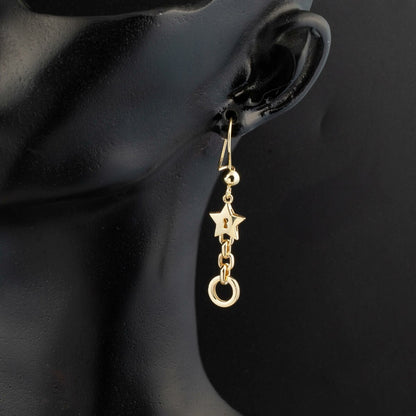 14K Yellow Gold Star Hoop Dangle Earrings