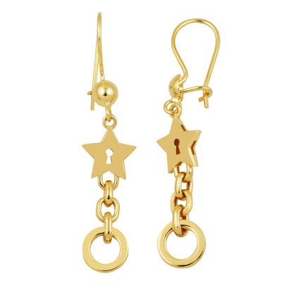 14K Yellow Gold Star Hoop Dangle Earrings