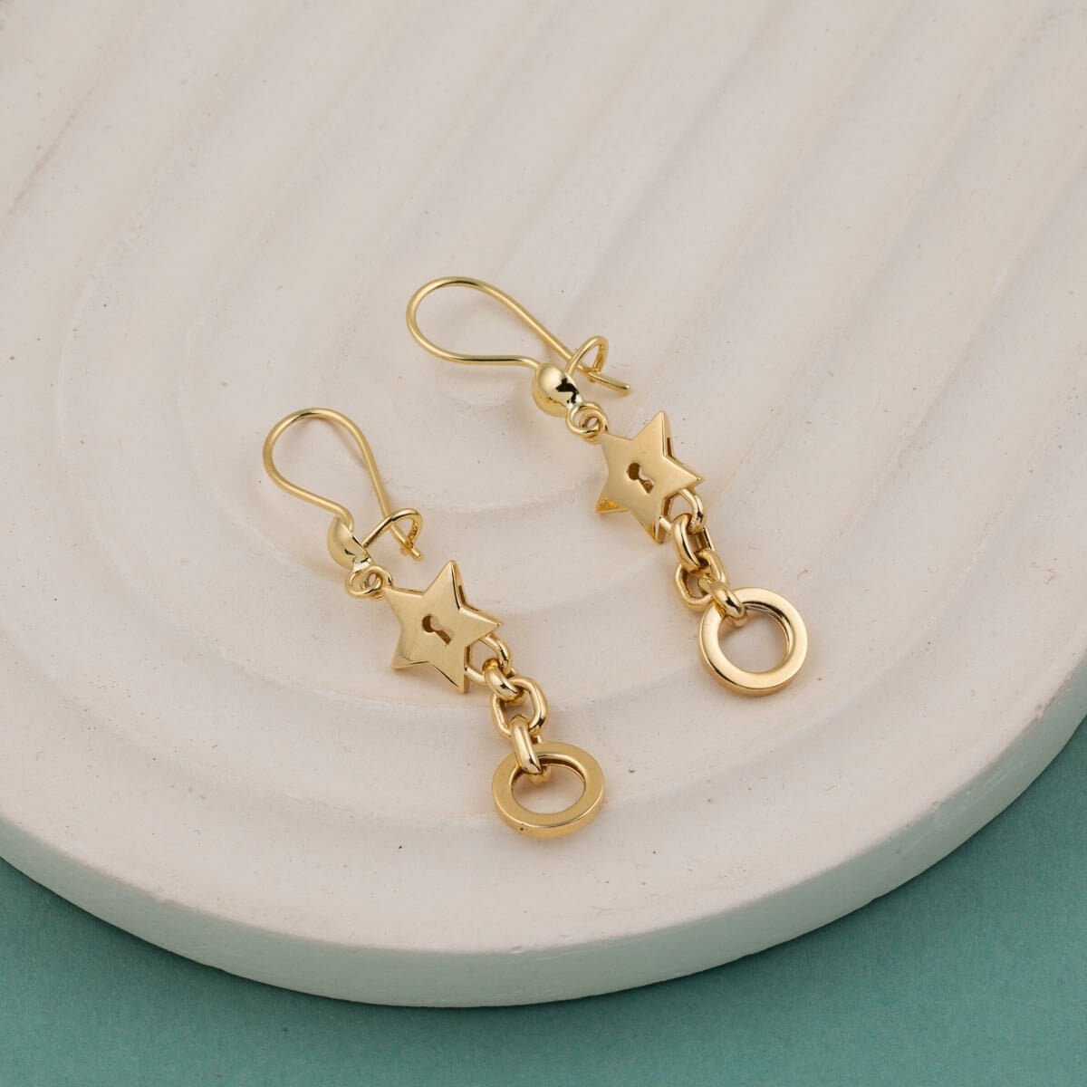 14K Yellow Gold Star Hoop Dangle Earrings
