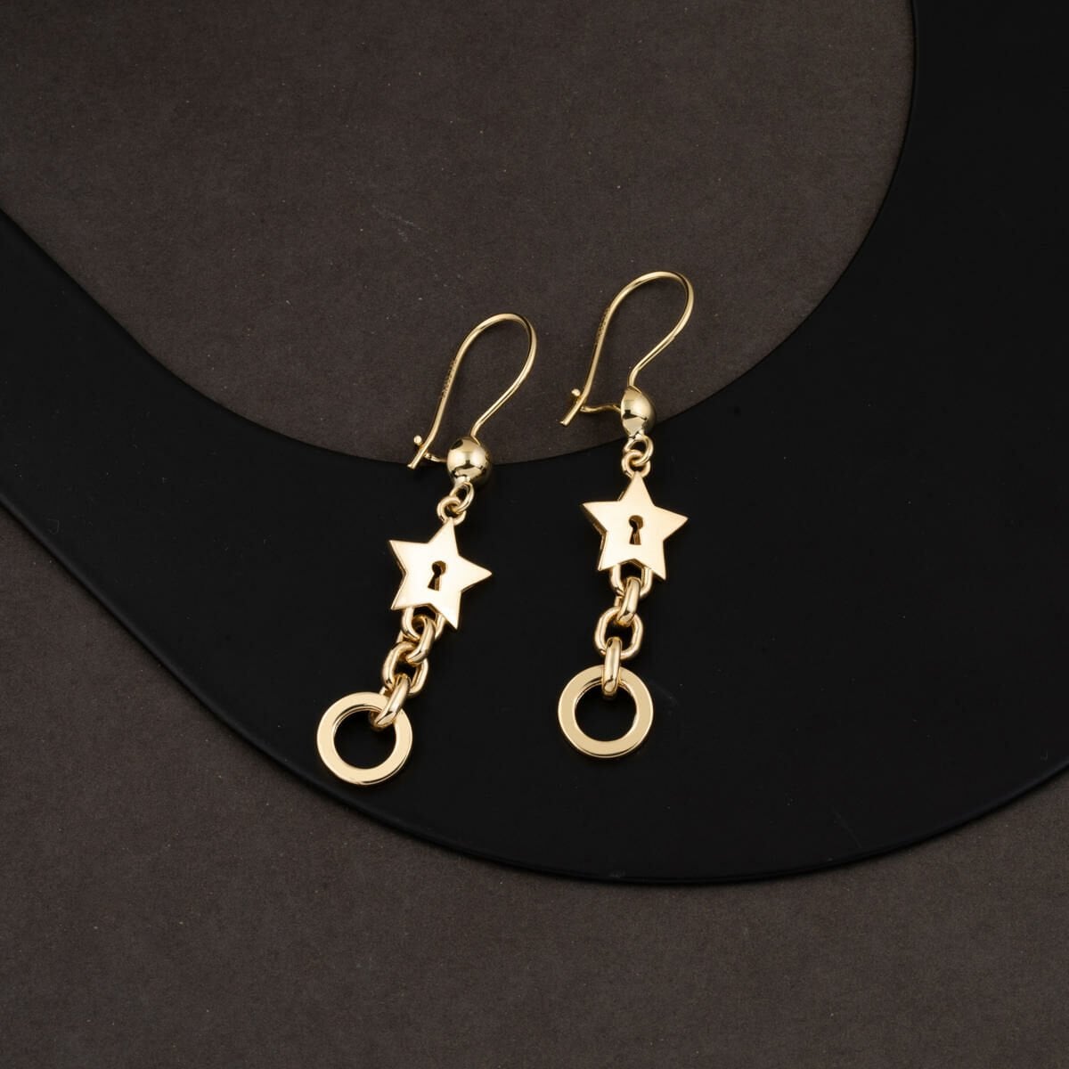 14K Yellow Gold Star Hoop Dangle Earrings