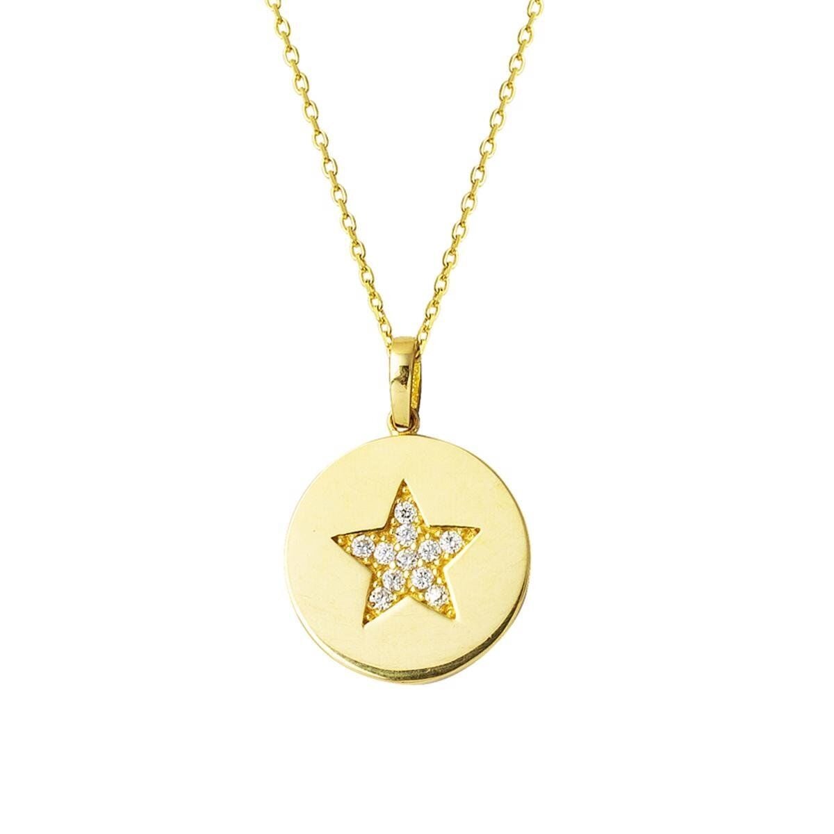 14K Yellow Gold Star Plate Cubic Zirconia Necklace