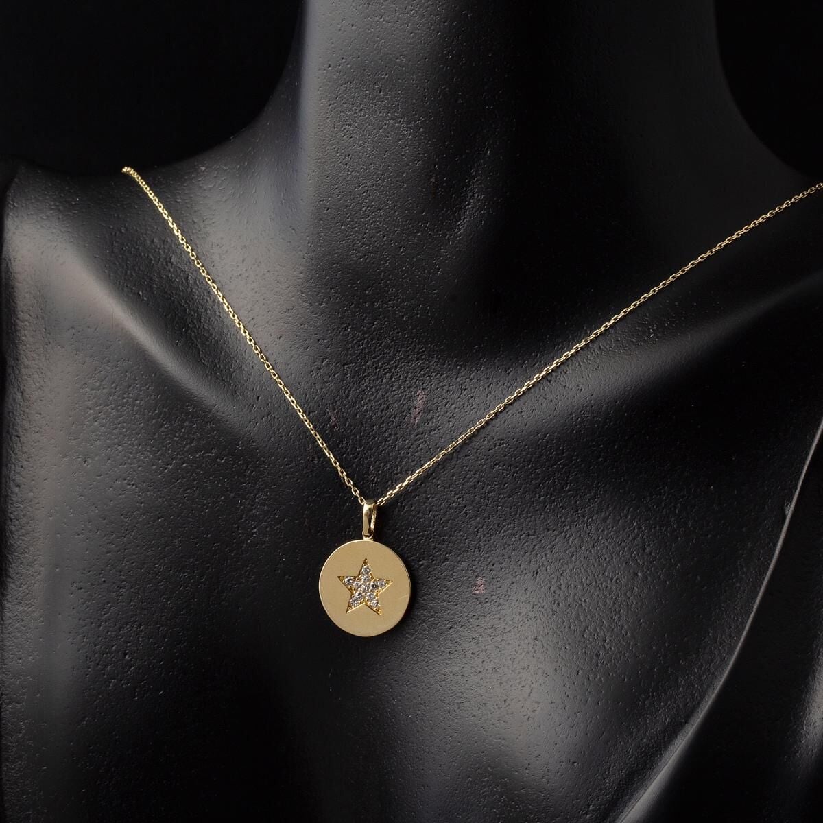 14K Yellow Gold Star Plate Cubic Zirconia Necklace