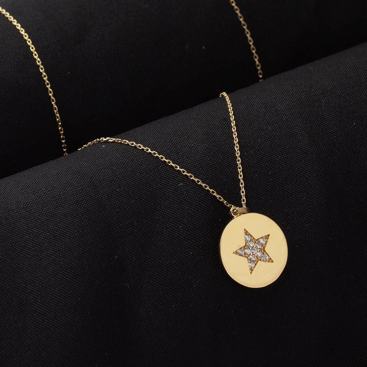 14K Yellow Gold Star Plate Cubic Zirconia Necklace