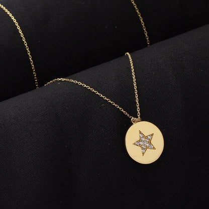 14K Yellow Gold Star Plate Cubic Zirconia Necklace