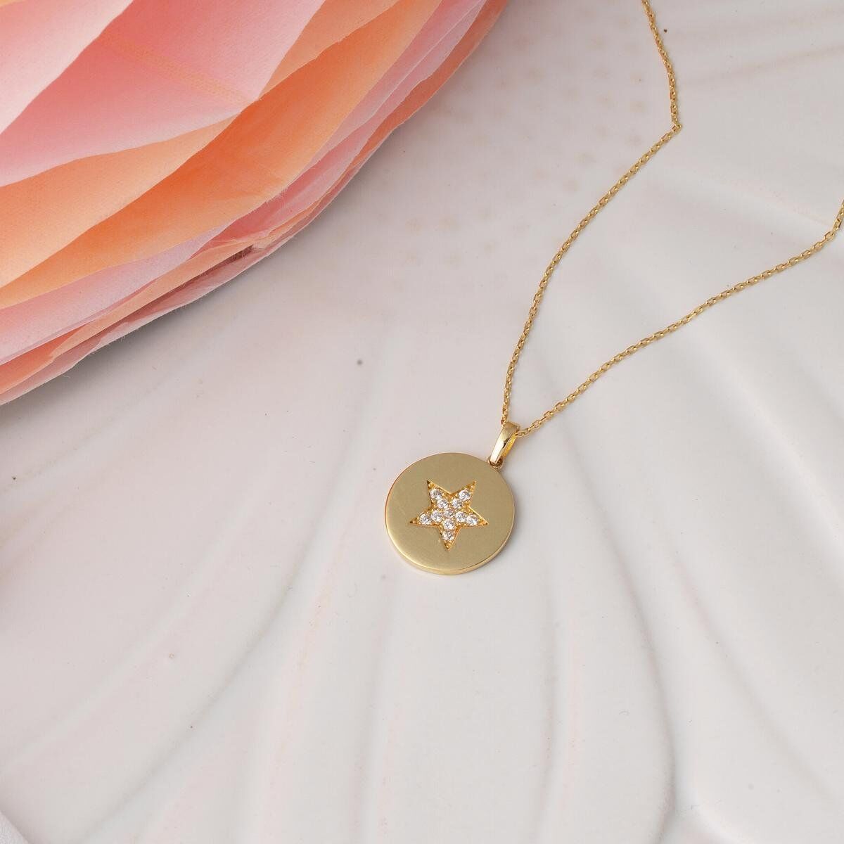 14K Yellow Gold Star Plate Cubic Zirconia Necklace