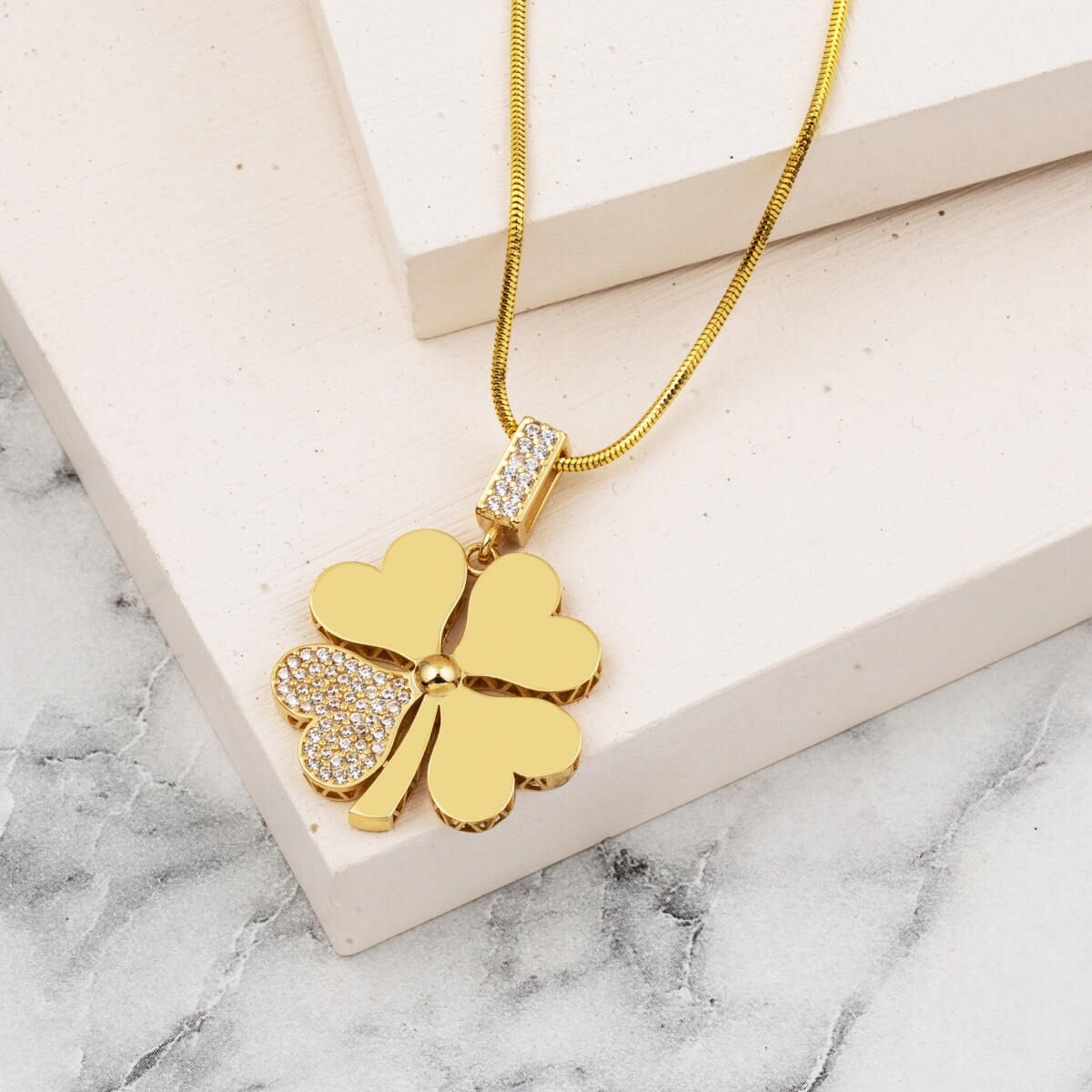 14K Yellow Gold Clover Large Cubic Zirconia Necklace