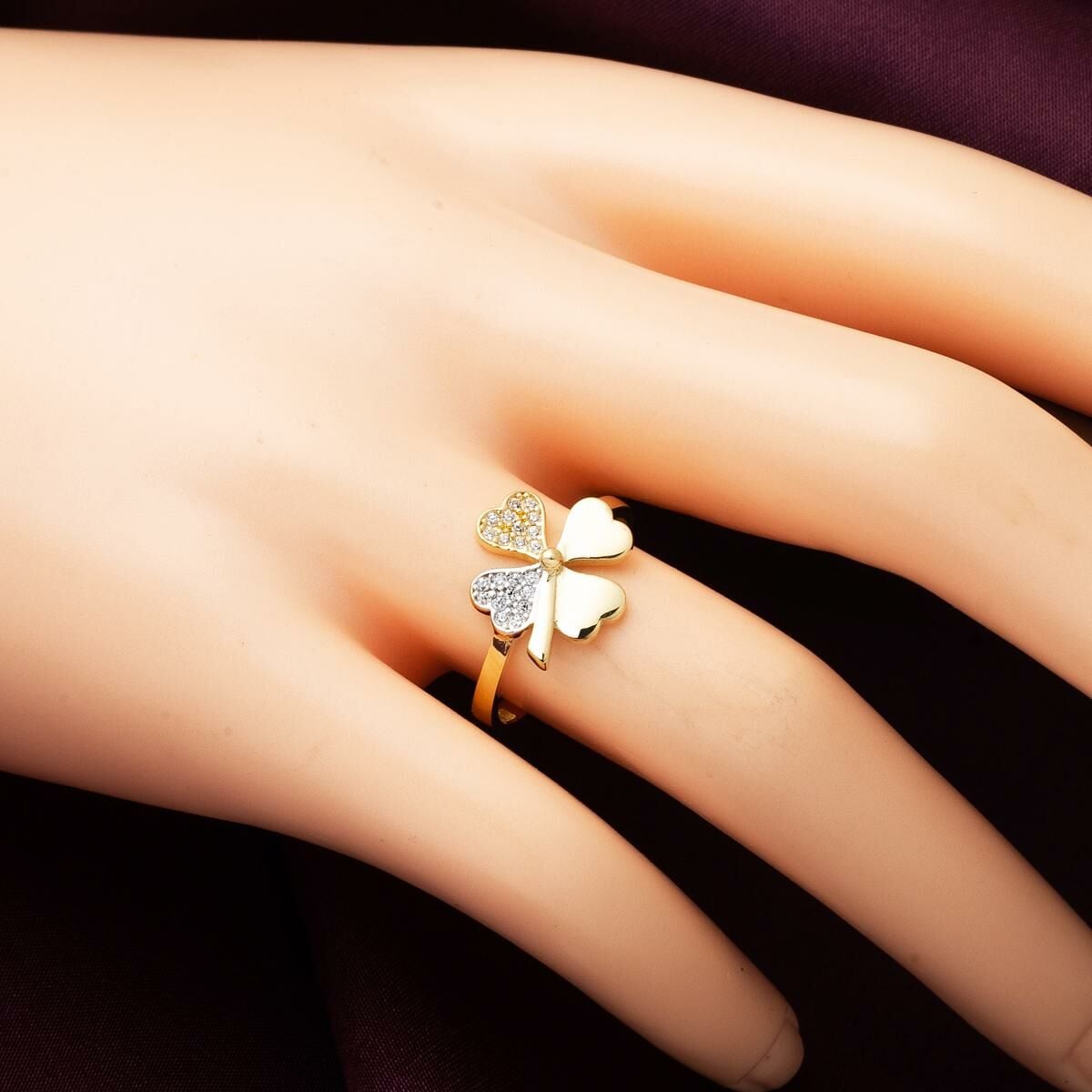 14K Yellow Gold Clover Cubic Zirconia Ring