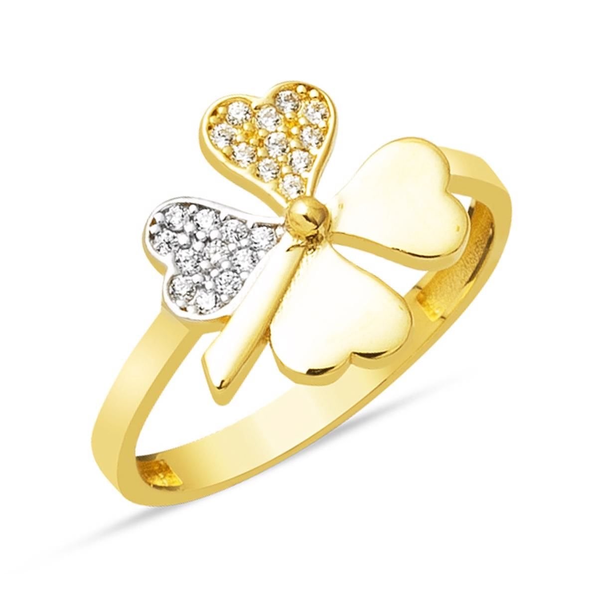 14K Yellow Gold Clover Cubic Zirconia Ring