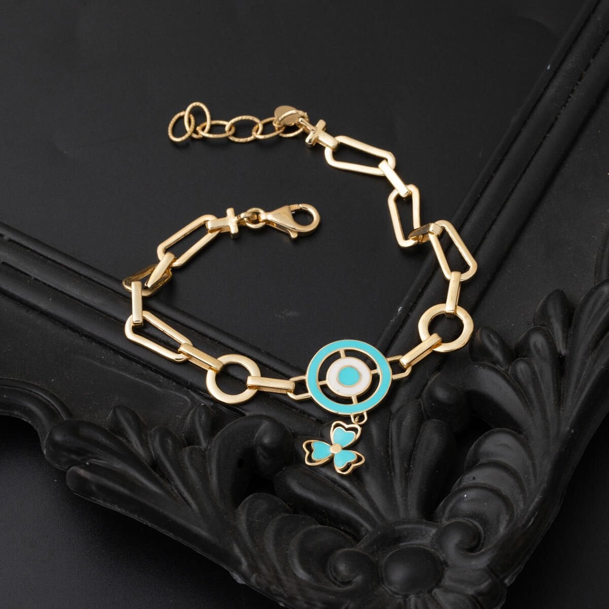 14K Yellow Gold Italian Clover Charm Turquoise Bracelet