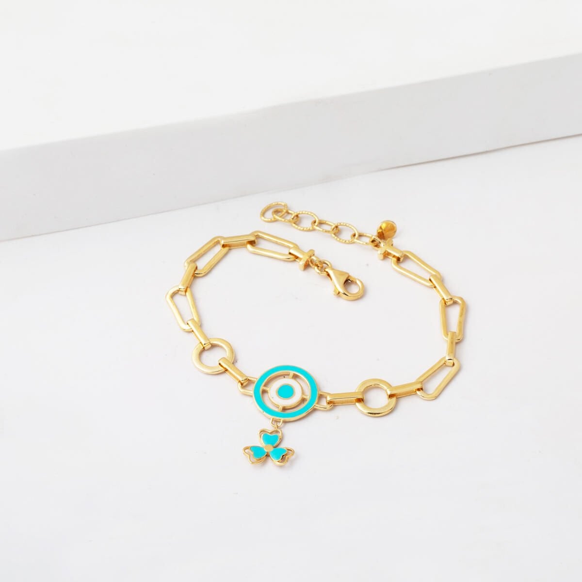 14K Yellow Gold Italian Clover Charm Turquoise Bracelet