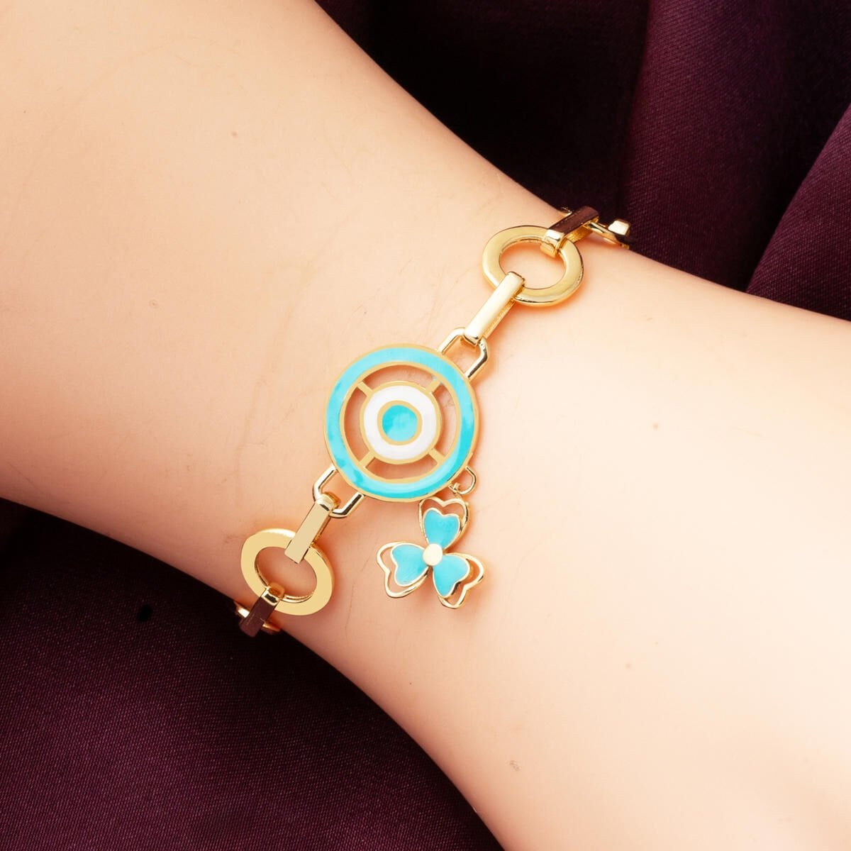 14K Yellow Gold Italian Clover Charm Turquoise Bracelet