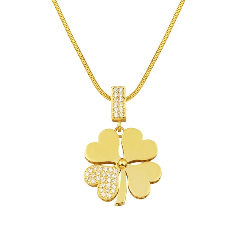 14K Yellow Gold Italian Chain Clover Cubic Zirconia Necklace