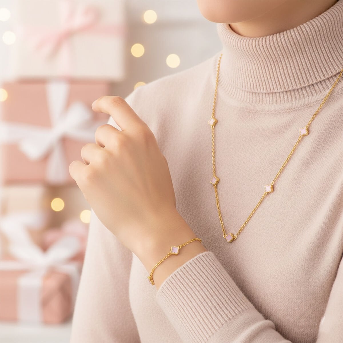 14K Yellow Gold Pink Clover Mother of Pearl Necklace and Bracelet Set